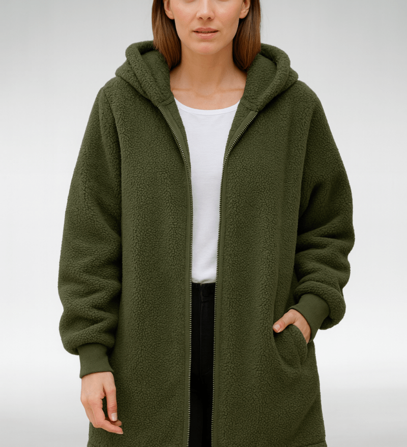 Kerstin - Kuscheliger Teddymantel - Armeegrün