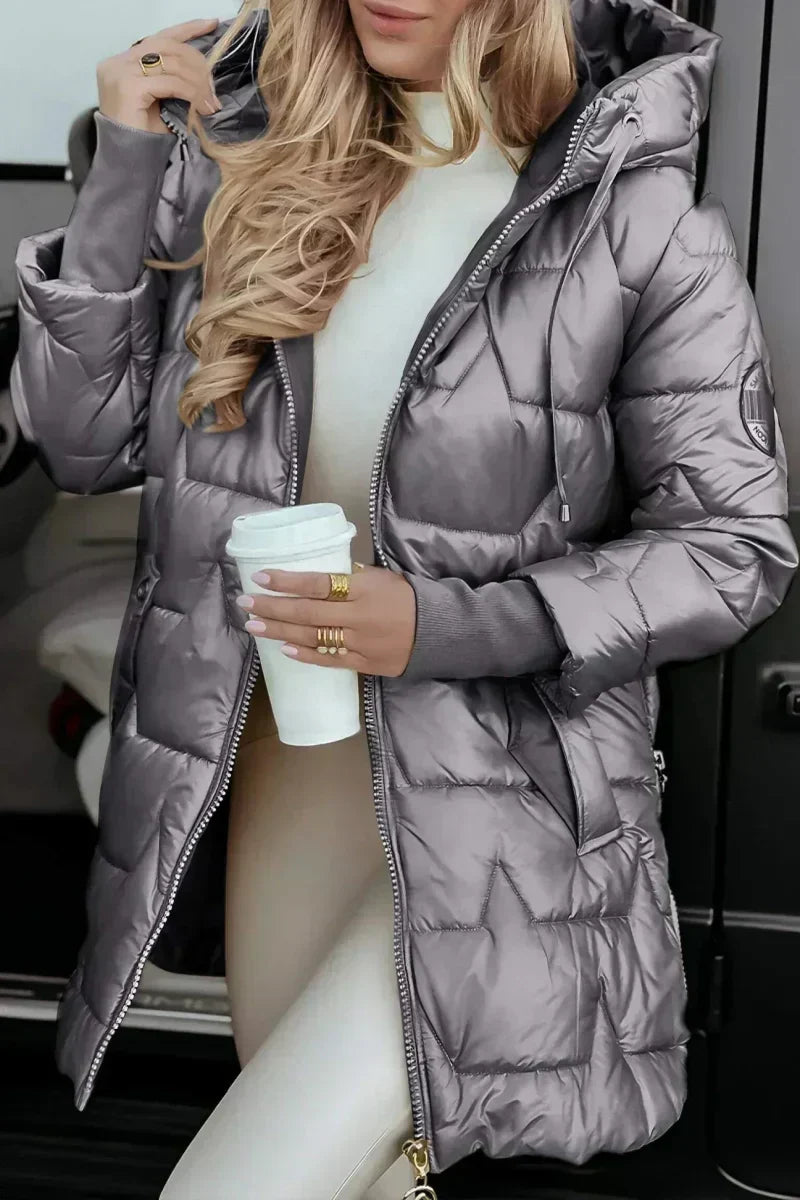 Christine - Lange warme Steppjacke - Grau
