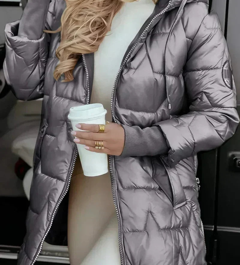 Christine - Lange warme Steppjacke - Grau