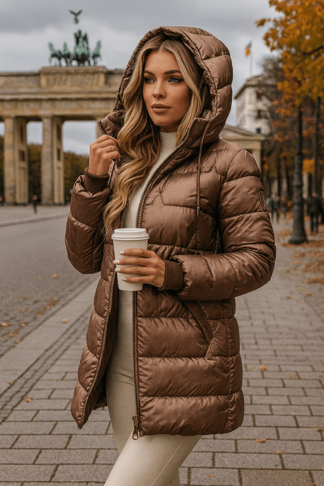 Christine - Lange warme Steppjacke - Kaffeebraun