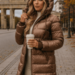 Christine - Lange warme Steppjacke - Kaffeebraun
