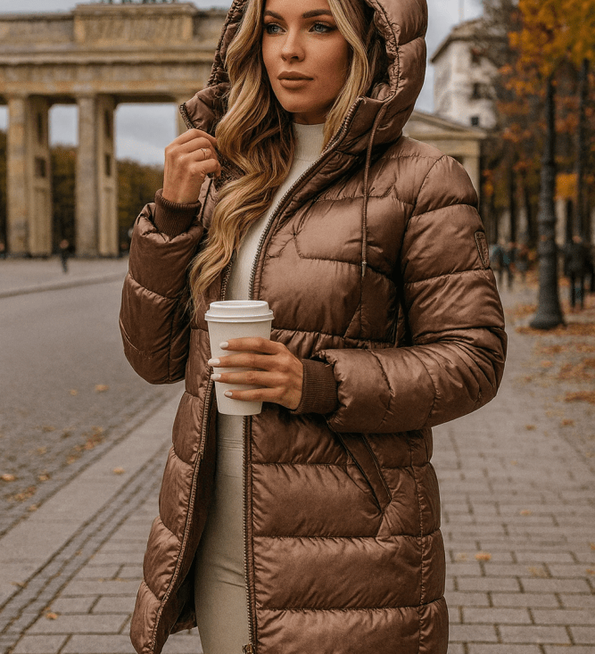 Christine - Lange warme Steppjacke - Kaffeebraun