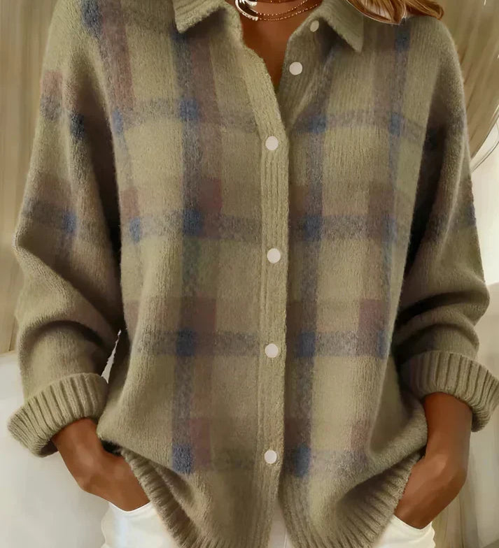 Antje - Weiche karierte Strickjacke - Braun