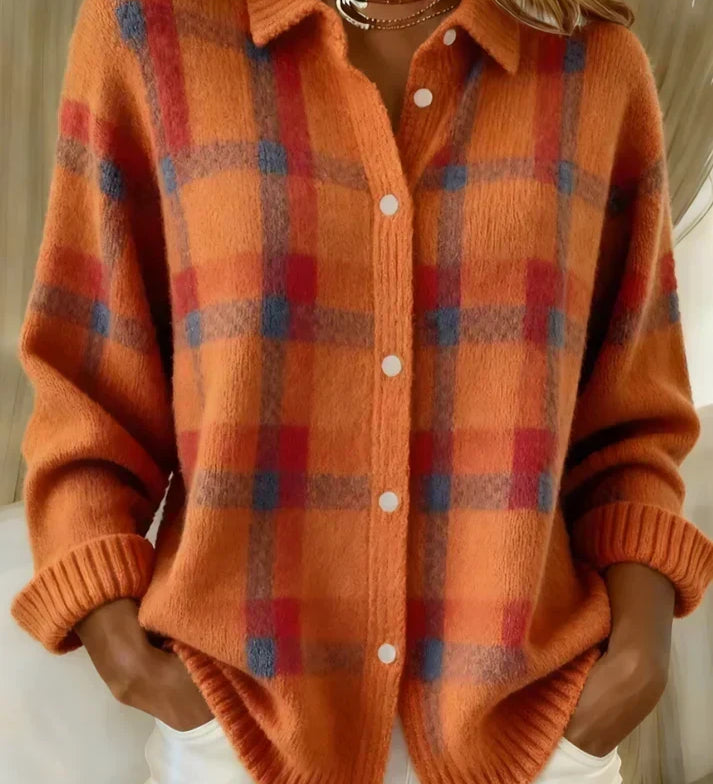 Antje - Weiche karierte Strickjacke - Orange