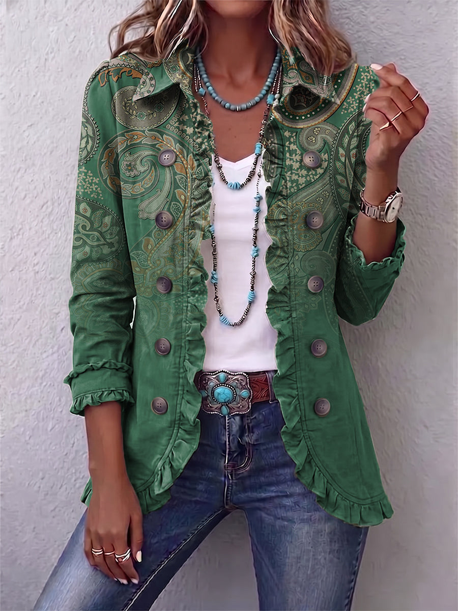 Pia - Grüne Paisley-Rüschenjacke