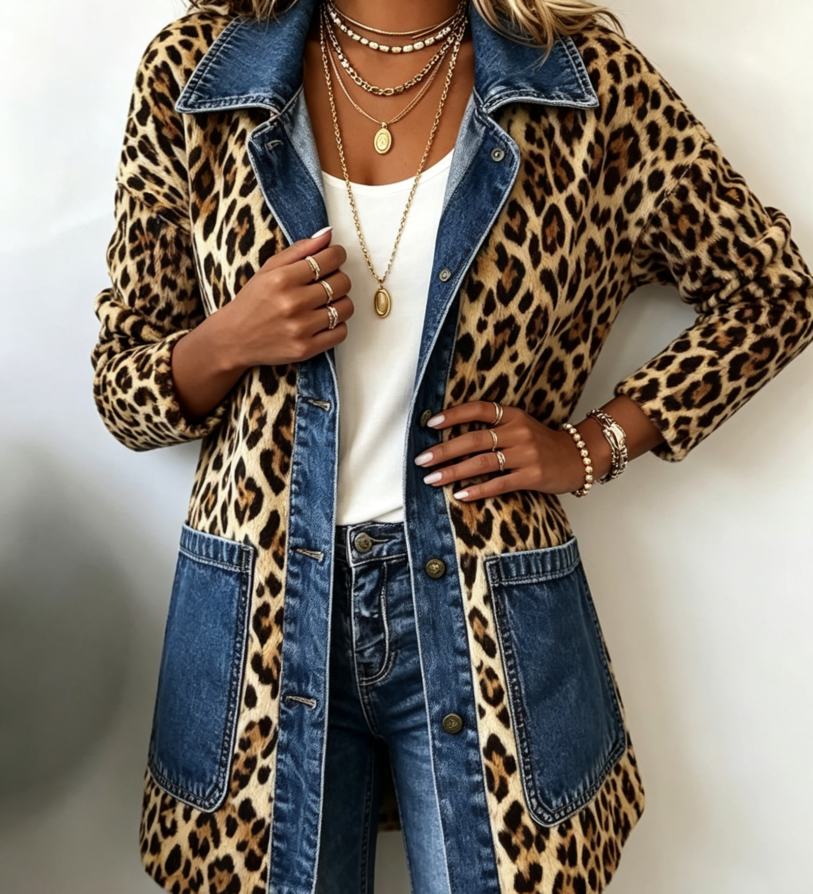 Tabea - Lange Leoparden-Kontrastjacke