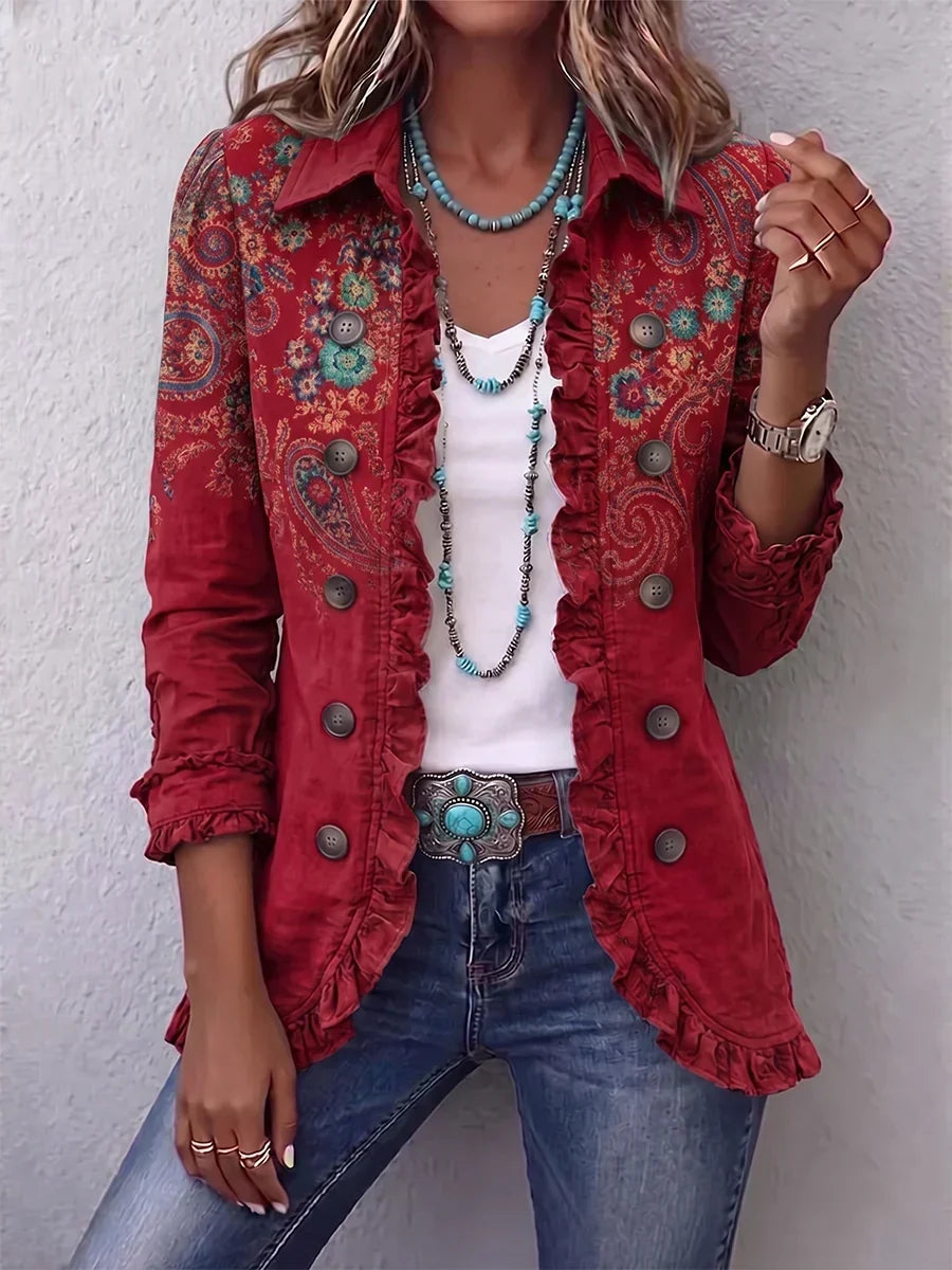 Heike - Rote Paisley-Rüschenjacke