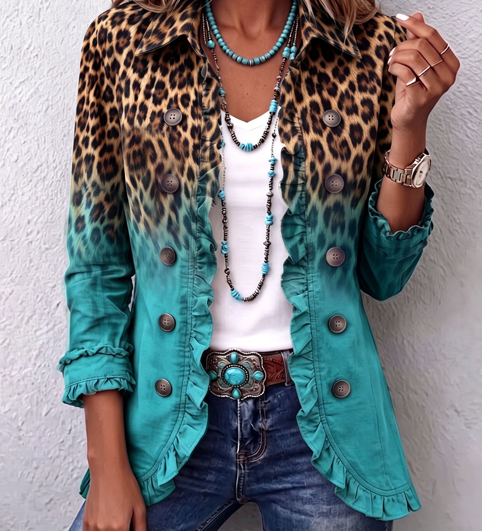 Anja - Leoparden-Rüschenblazer im Ombré - Türkis