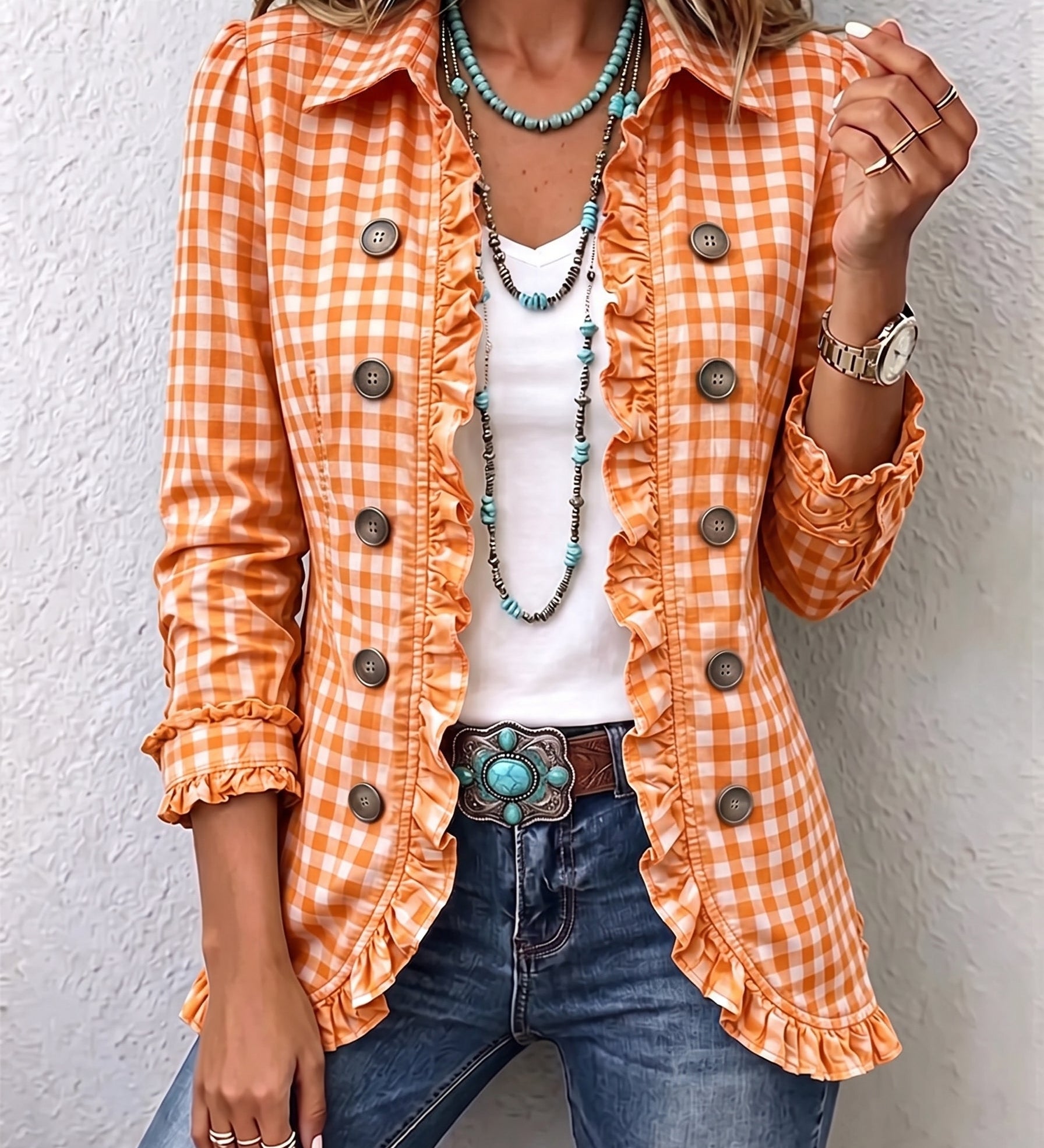 Amelie - Karierte Rüschenjacke - Orange