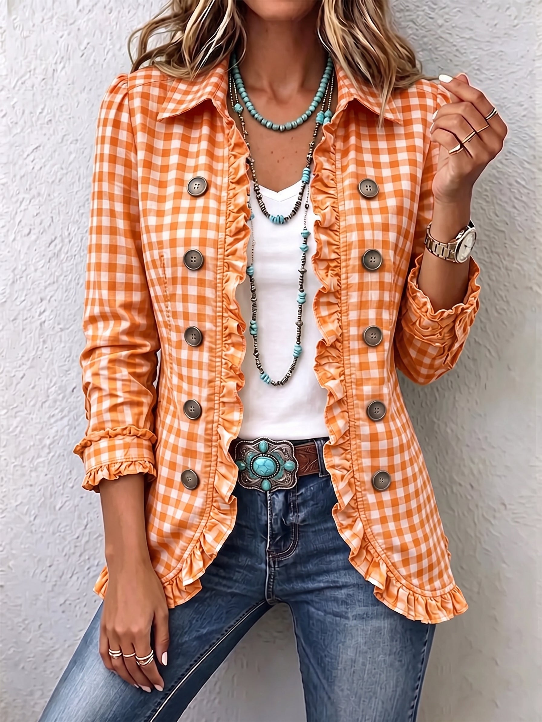 Amelie - Karierte Rüschenjacke - Orange