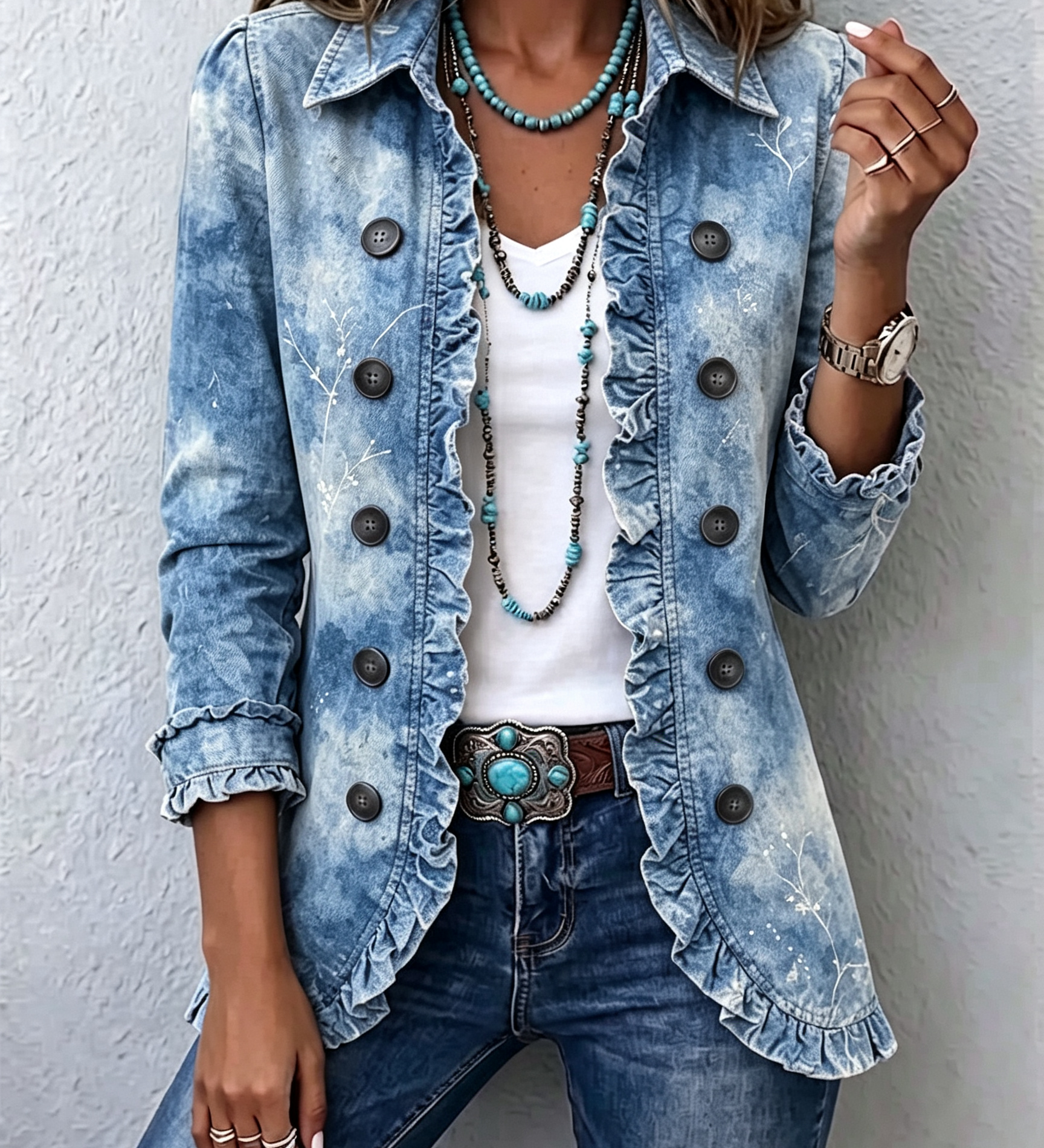 Ursula - Hellblaue Rüschenjacke im Ombré