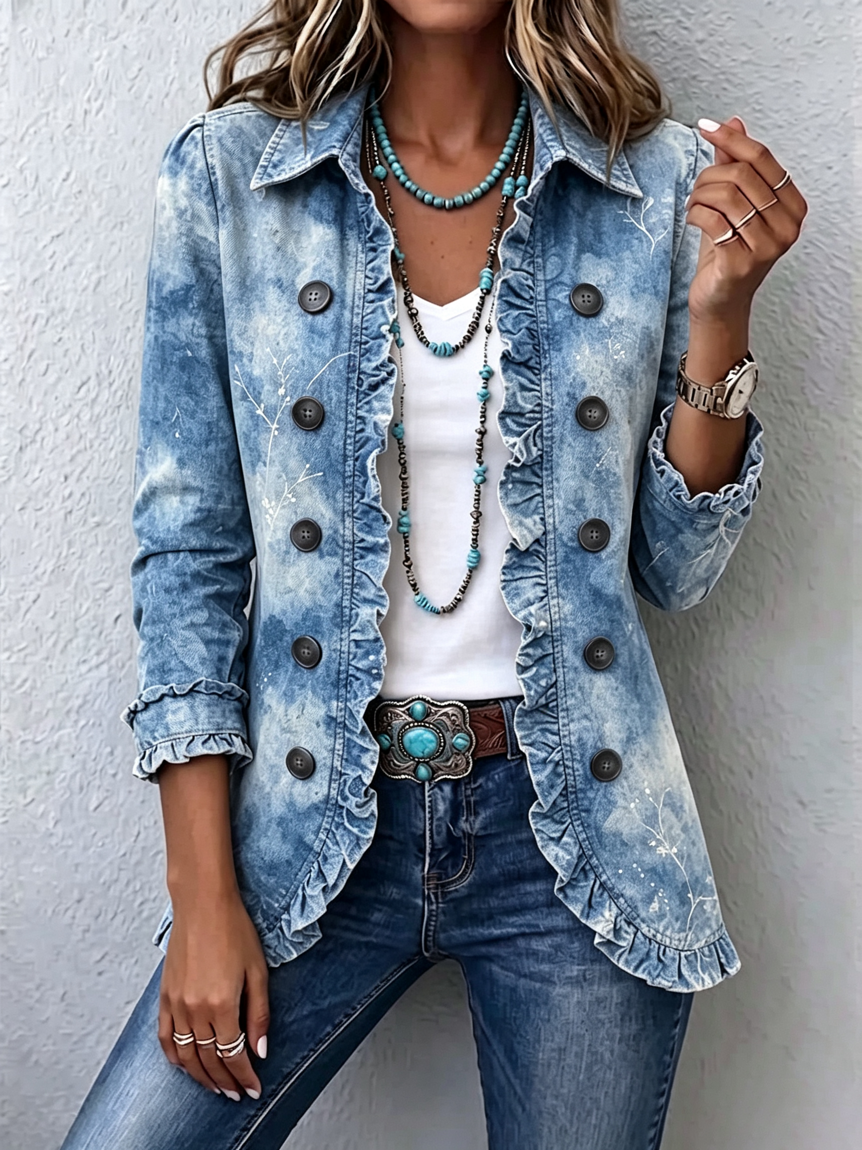 Ursula - Hellblaue Rüschenjacke im Ombré