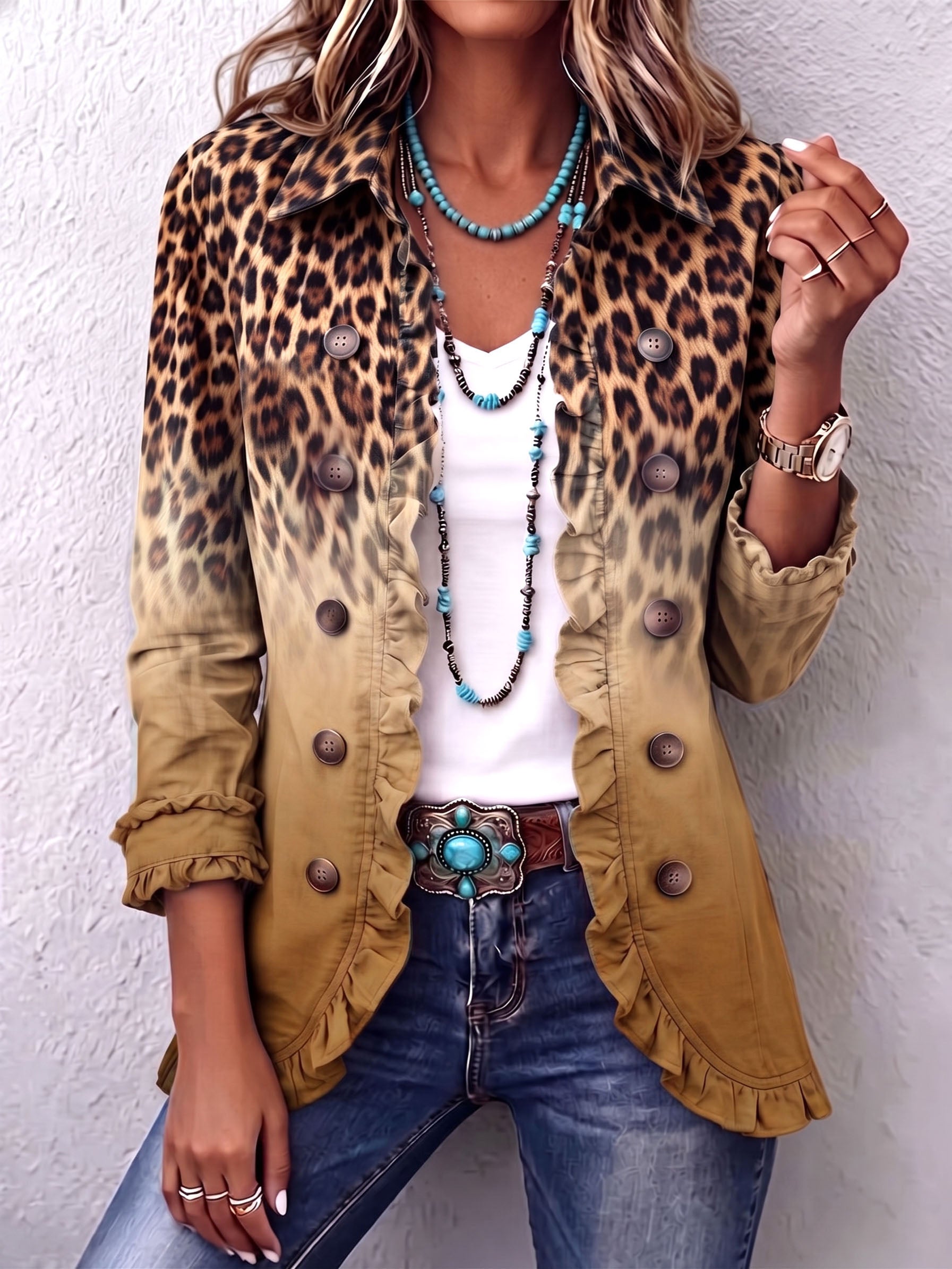 Fenja - Ockerfarbener Leoparden-Rüschenblazer