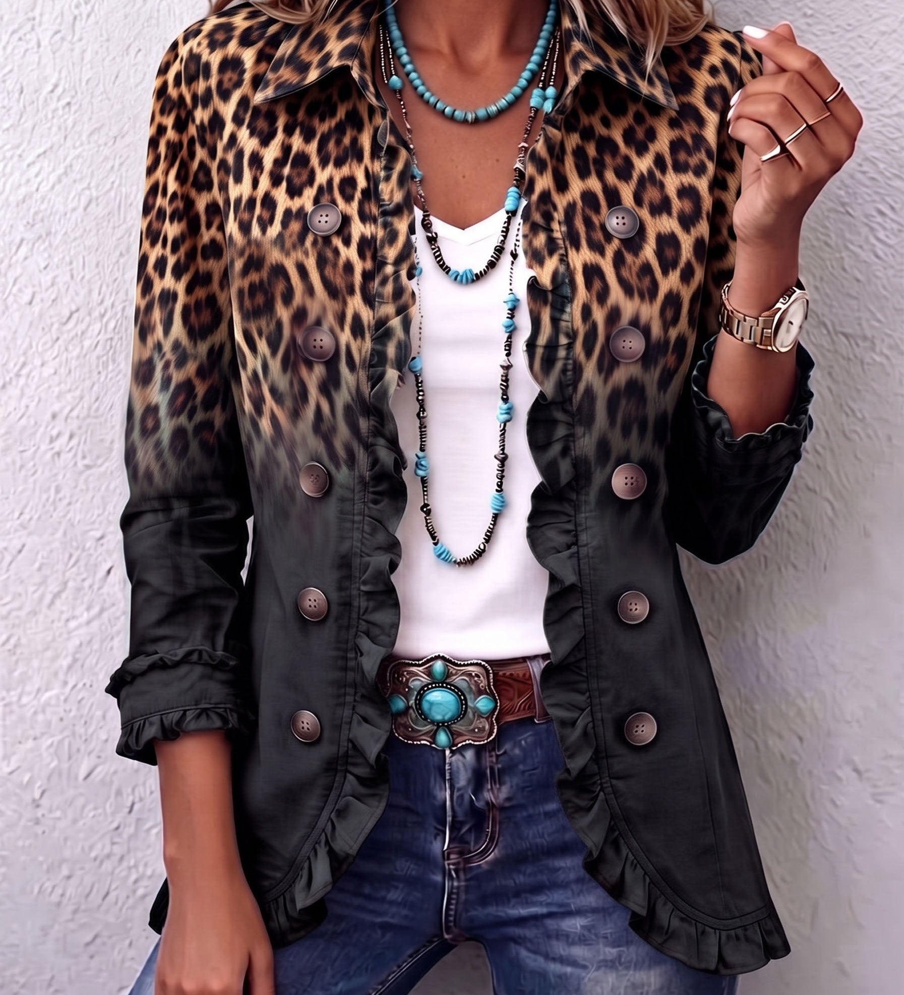 Gesa - Schwarzer Leoparden-Rüschenblazer
