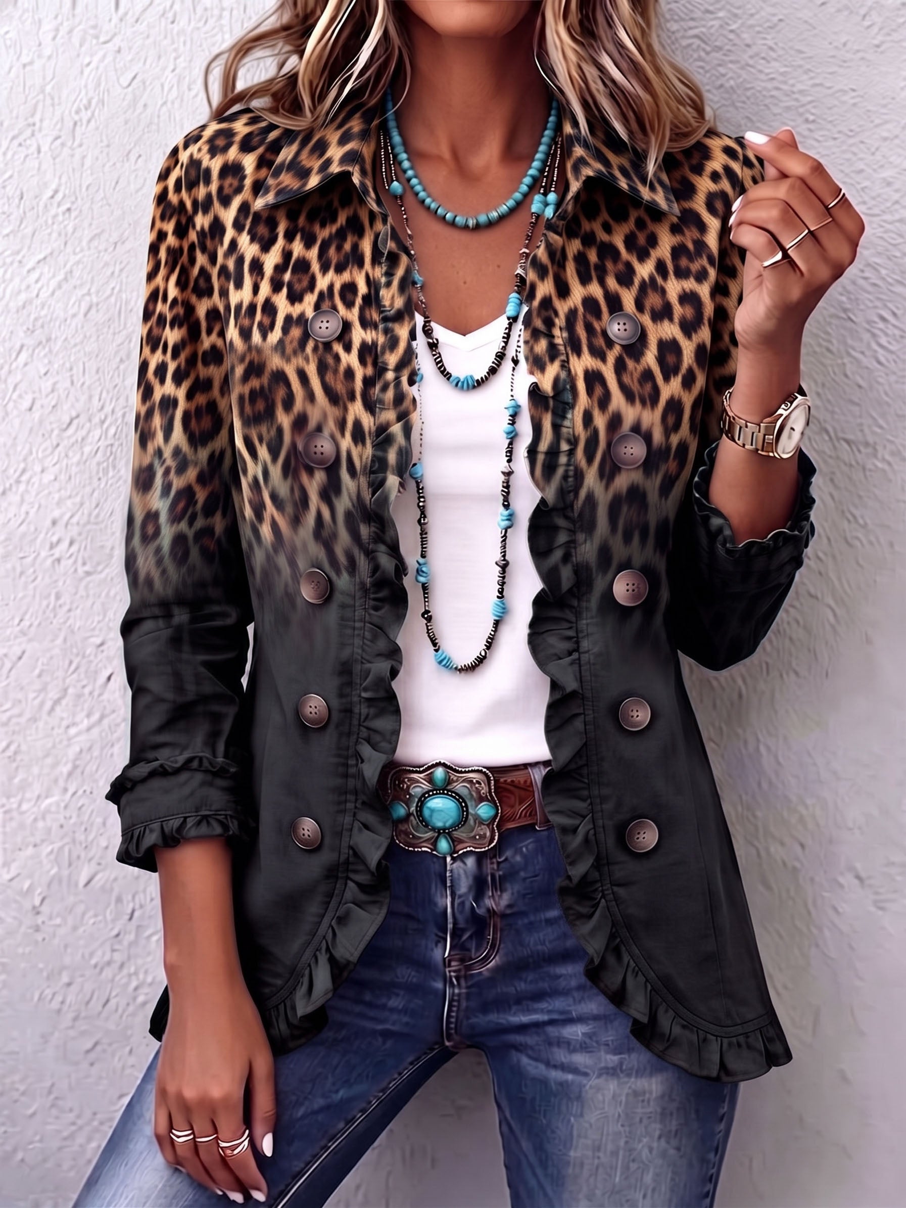 Gesa - Schwarzer Leoparden-Rüschenblazer