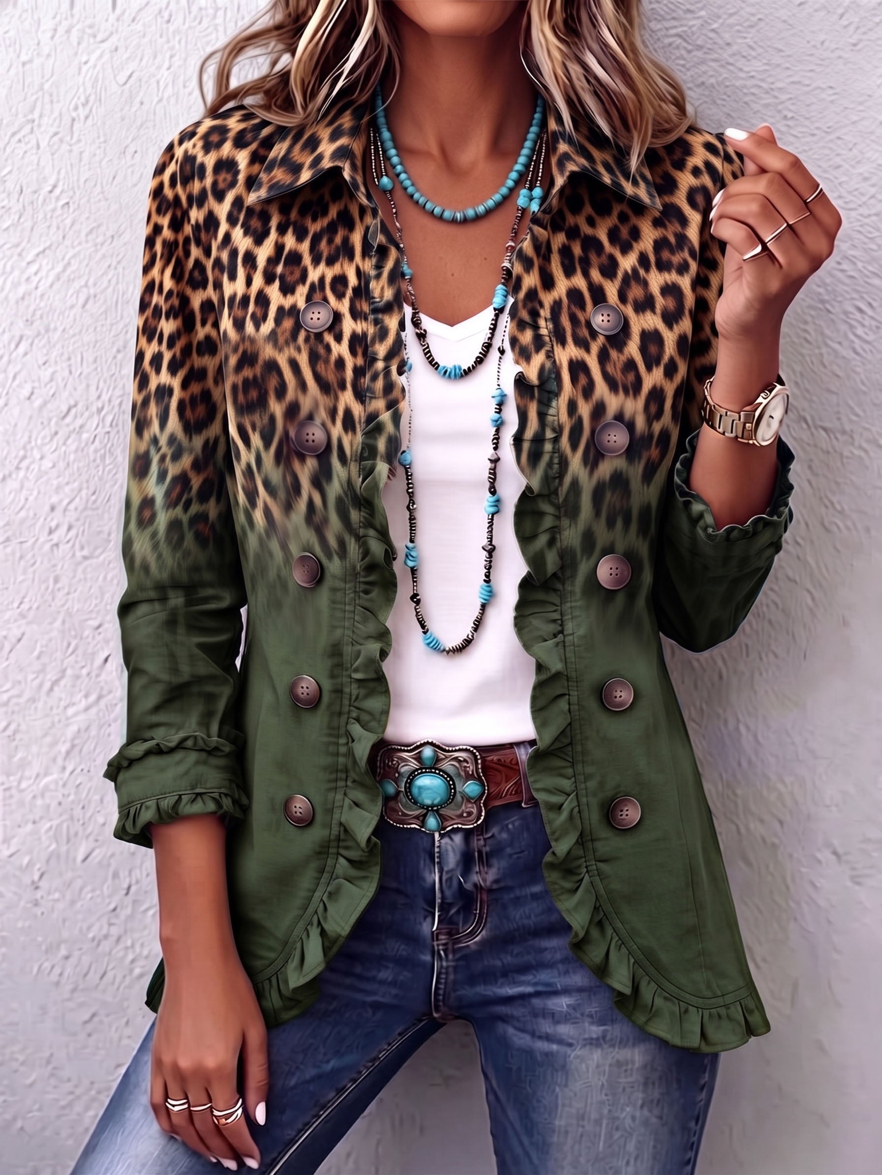 Romy - Grüner Leoparden-Rüschenblazer