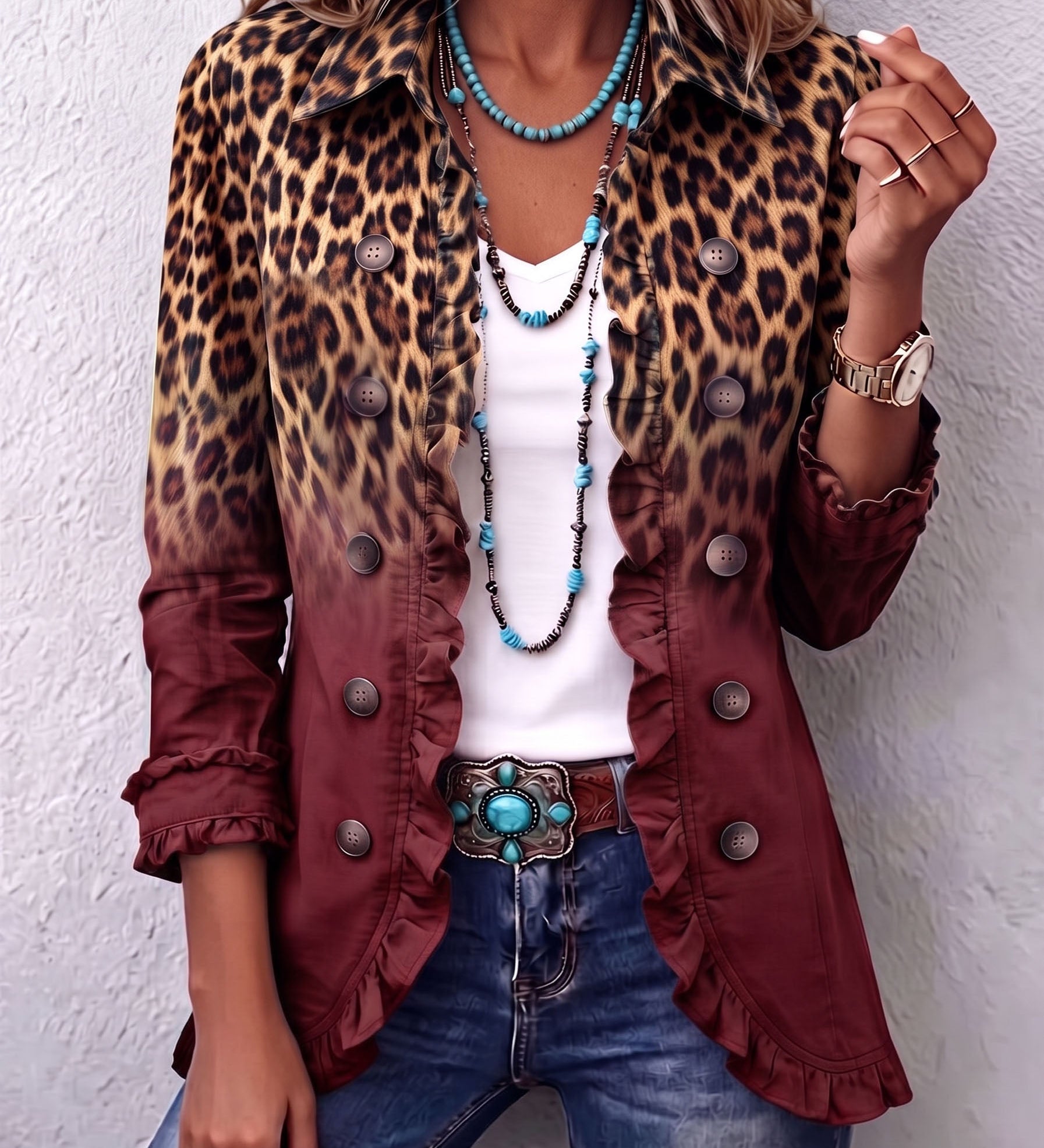 Vera - Weinroter Leoparden-Rüschenblazer