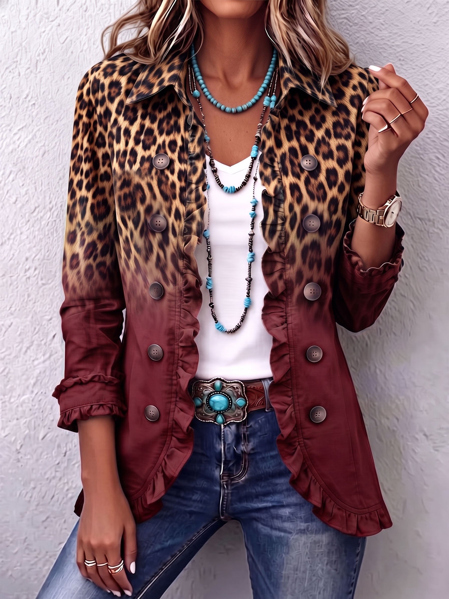 Vera - Weinroter Leoparden-Rüschenblazer