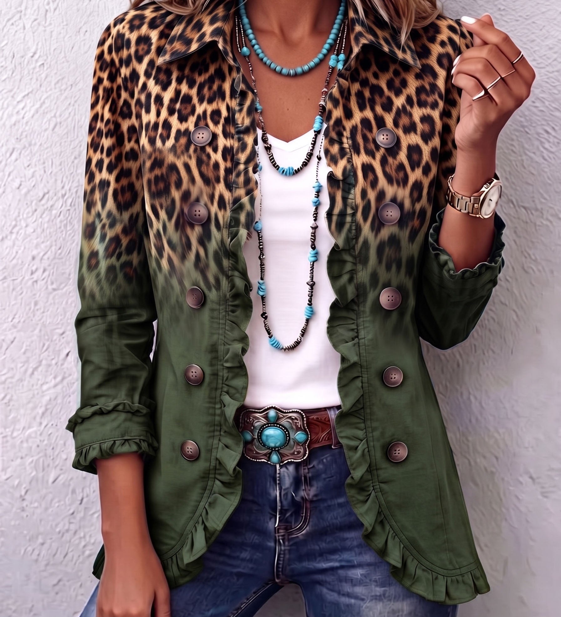 Anja - Leoparden-Rüschenblazer im Ombré - Grün