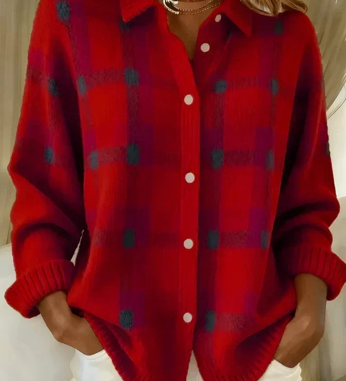 Antje - Weiche karierte Strickjacke - Rot