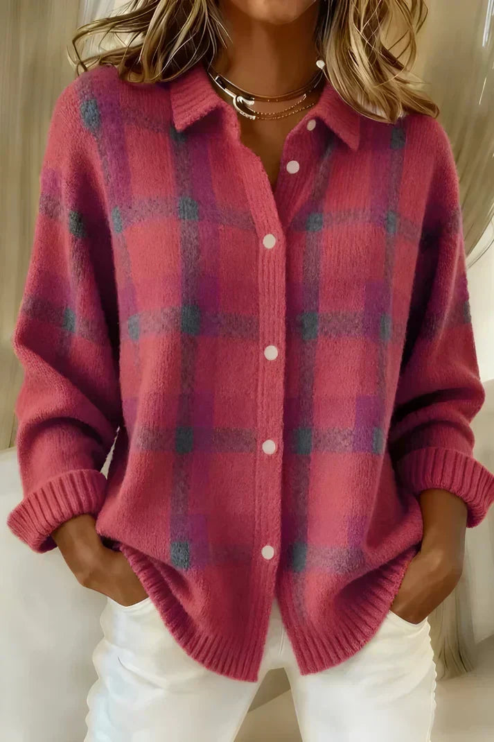 Antje - Weiche karierte Strickjacke - Pink