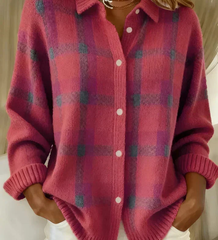 Antje - Weiche karierte Strickjacke - Pink