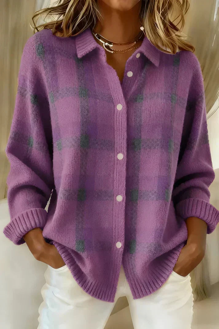 Antje - Weiche karierte Strickjacke - Lila
